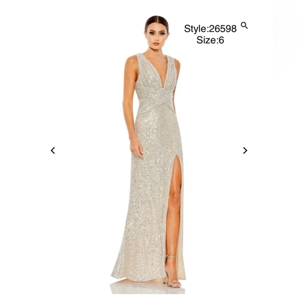 Brand New Mac Duggal Silver Sequin Maxi Dress in Silver size 6